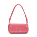 Elegant pink underarm bag with a golden bow buckle and knotted rope straps on white background - Pink
