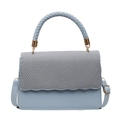Stylish blue leather handbag with grey woven flap and round top handle for daily commuting - Blue