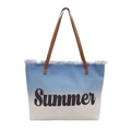 Sac de plage en toile dégradé bleu avec bords effilochés et inscription Summer sur blanc - Bleu clair