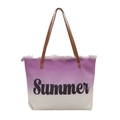 Borsa tote in tela sfumata viola con stampa Summer e manici in pelle marrone su fondo bianco - Viola