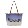 Borsa tote in tela sfumata blu con scritta Summer e bordi con frange e manici marroni - Azzurro