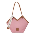 Bolso tote de rayas rosas con asas de cuero marrón y colgante decorativo blanco - Rosa