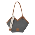 Bolso tote de sarga gris y cuero marrón con apertura en V y correa al hombro - Negro