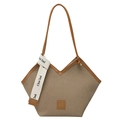 Bolso tote de lona caqui con ribete de cuero marrón, corte en V y cinta decorativa - Marrón