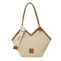 Bolso tote tejido beige vintage con ribete de cuero marrón y apertura en V para el diario - Caqui