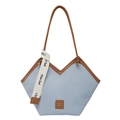 Blue and white striped canvas tote bag with brown faux leather trim and shoulder strap - Blue