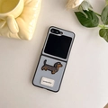 Detail of light blue leather folding case with embroidered dachshund and floral background - Light Blue