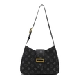 Chic black hobo shoulder bag with floral print and adjustable golden buckle strap - Black