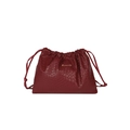 Minimalist deep red woven texture bucket bag with drawstring closure and golden logo - Red