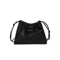 Black woven leather drawstring bucket bag with gold logo on a clean white background - Black