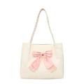 Chic cream tote bag featuring a large pink bow detail and woven rope handles - Off White