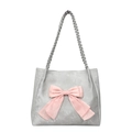 Grey tote bag with large pink satin bow and woven handles in a sweet aesthetic - Silver