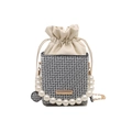Elegante Perlen-Eimertasche mit schwarz-weißem Muster und goldener Kette als Riemen - Grau