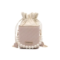 Beige Box-Beuteltasche mit geometrischem Muster, Perlenriff und Metallkette - Khaki