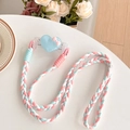 Detail view of heart-shaped phone clip with pink and blue braided crossbody strap - Crystal Bowknot Heart - Three-strand Rope - Blue