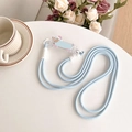 Detailed view of light blue braided crossbody phone strap with cute puppy charm accessory - Phone Lanyard Back Clip Set / Blue