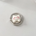 Detail of silver metal phone ring holder with a cute white cat design and pink accents - Party Cat