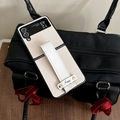 Detail of white lychee leather phone case with happy wrist strap for folding smartphones - Beige