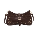 Deep brown crocodile embossed baguette bag with golden studs and metal buckles - Brown