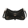 Black crocodile embossed shoulder bag with gold rivets and buckle details for women - Black