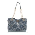 Retro Denim-Tote-Tasche mit Sternenmuster, Fransen-Rautenstruktur und Kettenriemen - Stern - Blau