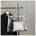 Detail of transparent PVC tote with white leather trim and sturdy thick rope handles - White