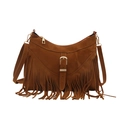 Brown suede bohemian crescent tote bag with long tassels and metallic buckle detail - Tan