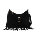 Fashionable black faux suede tote bag with elegant tassels and gold hardware accents - Black