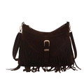 Coffee brown vintage suede tote bag with fringe tassels and gold buckle detail - Brown