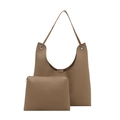 Vintage braune große Tragetasche und passendes Beutel-Set mit genarbter Lederstruktur - Khaki