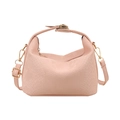 Minimalist pink bucket bag with snakeskin texture and gold buckle on a white background - Pink