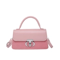 Bolso de mano de cuero rosa a rayas para mujer con cierre plateado y correa ajustable - Rosa