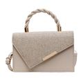 Elegante borsa squadrata beige con glitter e manico intrecciato in vista frontale - Cachi