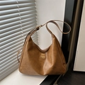 Retro brown oversized soft leather tote bag with gold metal logo and adjustable strap - Brown