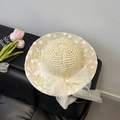 Borsa tote in paglia beige con ricamo floreale in pizzo e fiocco in rete elegante - Cappello di paglia con fiocco in pizzo / Beige