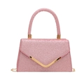 Pink sequin handbag with gold V-metal trim and chain strap shown on white background - Pink