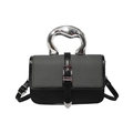 Modern black crossbody bag with gray fabric flap and sculptural silver metal handle - Black