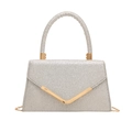 Elegante borsa a mano con paillettes argento e finiture in metallo dorato a V - Argento