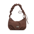 Brown canvas shoulder bag with pleated handle and silver butterfly charm on white background - Brown