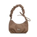 Brown corduroy crescent shoulder bag with silver butterfly and pleated handle detail - Khaki