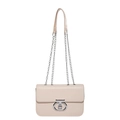 Chic beige crossbody bag with a circular silver metal lock and leather chain strap - Off White