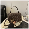 Detail of dark brown quilted crossbody bag with gold twist lock and leather texture - Brown