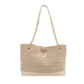 Große beige geflochtene Strohtasche mit goldenen Ketten und Hirsch-Anhänger - Weiß