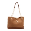 Braune gewebte Stroh-Shopper-Tasche mit Lederbesatz, Kettenriemen und goldenem Hirschanhänger - Braun