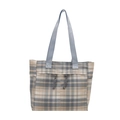 Grande borsa shopper a quadri con tracolle in tessuto e ciondoli a nappa da donna - Blu