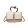 Two-tone leather handbag with metallic organic handle and adjustable strap for women - Khaki