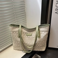 Chic hollow-out straw tote bag with cream floral knit and light green leather handles - Green
