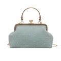 Retro light blue floral jacquard crossbody bag with ornate bronze metal clasp and handle - Green