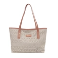 Chic straw textured shoulder bag featuring pink leather trim and beige lace crochet design - Pink