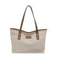 Large beige lace woven tote bag with brown leather handles and golden rivet accents - Brown